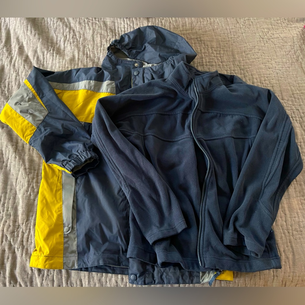 REI Boy's Blue Yellow Retro Hooded Zip Up Jacket Blue Flannel Insert Sz L 14/16